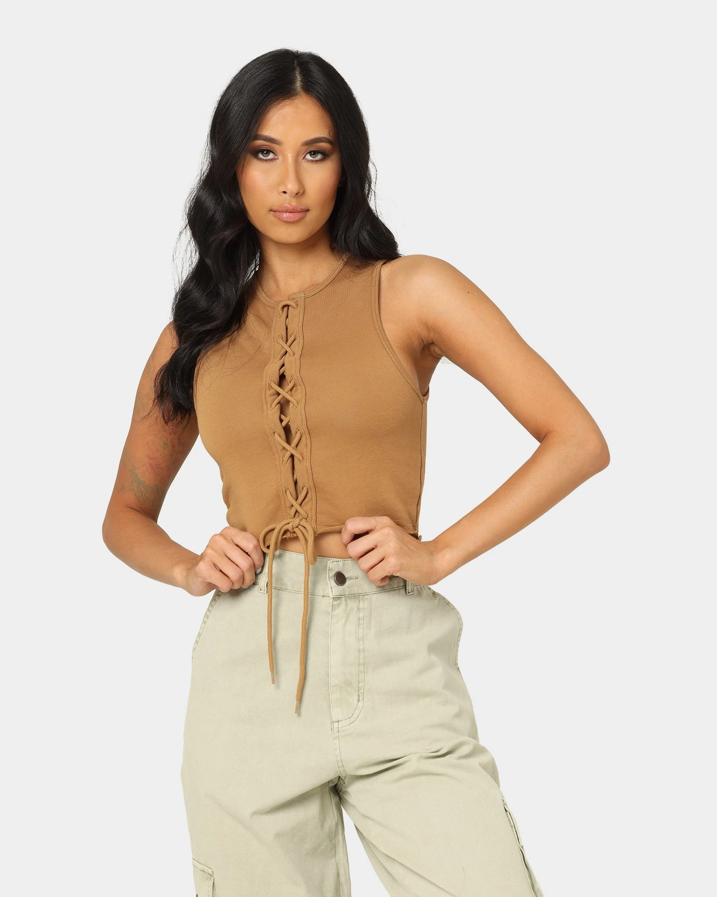 EN ES Women's Reny Lace Up Crop Top Tan 3 EN ES Women's Reny Lace Up Crop Top Tan