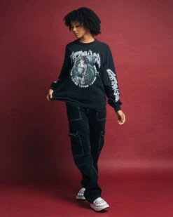 Goat Crew X Attack On Titan Captain Levi Long Sleeve Vintage T-Shirt Black Wash -Sportswear Women Store 02038401 YB295 womens 020