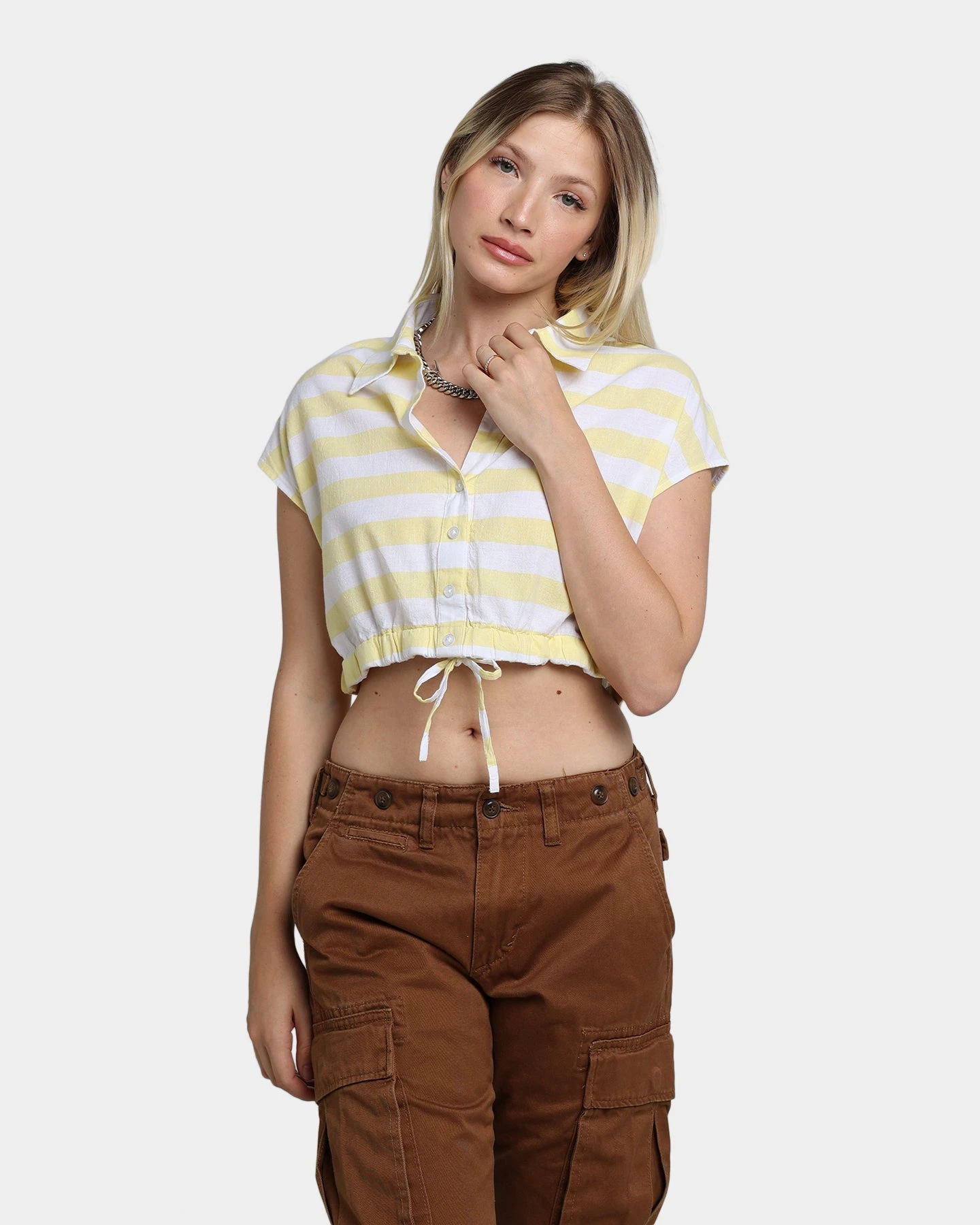 Guess Originals Women's GUESS Originals X J Balvin Woven Crop Top Yellow Sunspots 3 Guess Originals Women's GUESS Originals X J Balvin Woven Crop Top Yellow Sunspots