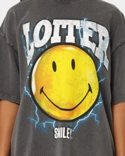 Loiter X Smiley Electric Smile Vintage T-Shirt Charcoal -Sportswear Women Store 02040171 YC300 womens 0040