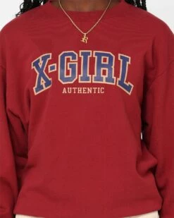 X-Girl Women's College Logo Sweat Crewneck Burgandy -Sportswear Women Store 02042932 YD725 womens 0030