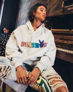 Playboy By CK Chenille Wordmark Hoodie Ash -Sportswear Women Store 02043560 YA600 womens 0080