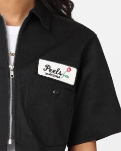 X-Girl Women's Peels Zip Up Cropped T-Shirt Black -Sportswear Women Store 02044959 YB001 womens 0030