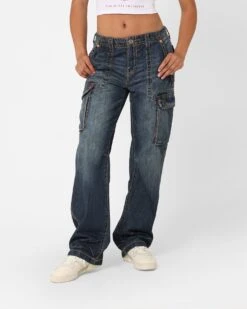 True Religion Women's Big T Cargo Pants Medium Wash