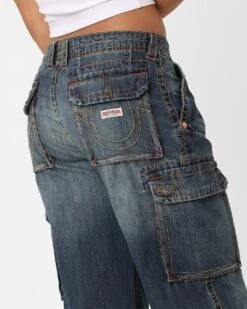 True Religion Women's Big T Cargo Pants Medium Wash -Sportswear Women Store 03010927 YM353 womens 0030
