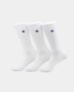 Champion 3 Pack C Logo Crew Socks White