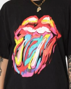 The Rolling Stones Watercolour Tongue Vintage T-Shirt Washed Black -Sportswear Women Store 08001055 YW607 womens 0040