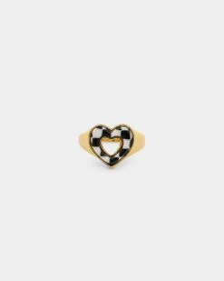 Raising Hell Checkered Heart Ring Gold/Black