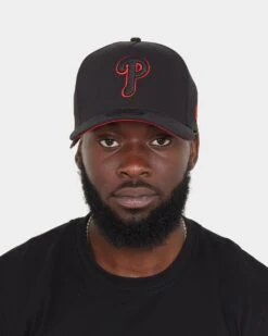 New Era Philadelphia Phillies "Scarlet Bottom" 9FORTY A-Frame Snapback Black/Scarlet -Sportswear Women Store 196313702240 mens 100